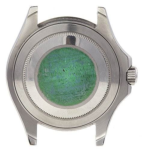 The image shows the back case of a Rolex Yacht-Master 16622 Men's Stainless Steel Silver Dial 16622 Men's Stainless Steel Silver Dial watch viewed from a directly overhead angle.