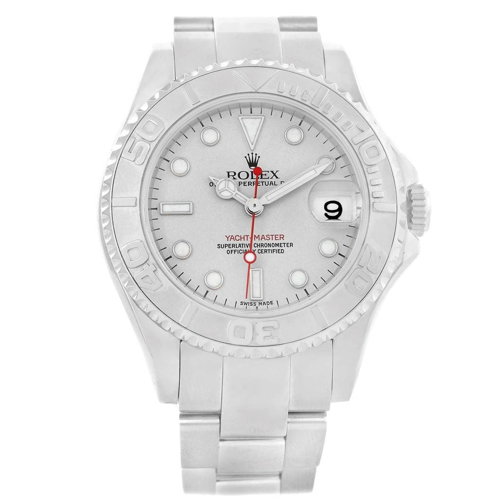 The image shows a frontal view of a Rolex Yacht-Master 168622 Men's Stainless Steel Silver Dial 168622 Men's Stainless Steel Silver Dial watch, highlighting the dial, bezel, and bracelet.