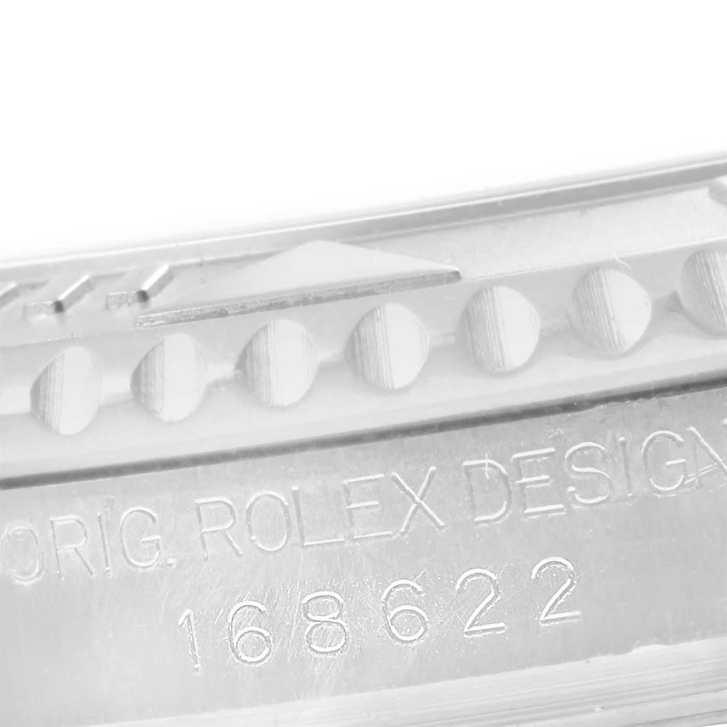 The image shows a close-up angled view of the bezel and case, revealing the model number "168622" and the "Orig. Rolex Design" engraving on the Yacht-Master by Rolex.