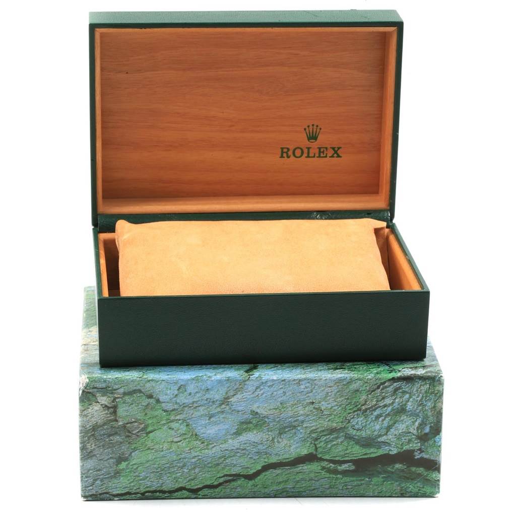 The image shows an open Rolex Yacht-Master 168622 Men's Stainless Steel Silver Dial 168622 Men's Stainless Steel Silver Dial watch box with a cushion inside, displayed from a front angle.