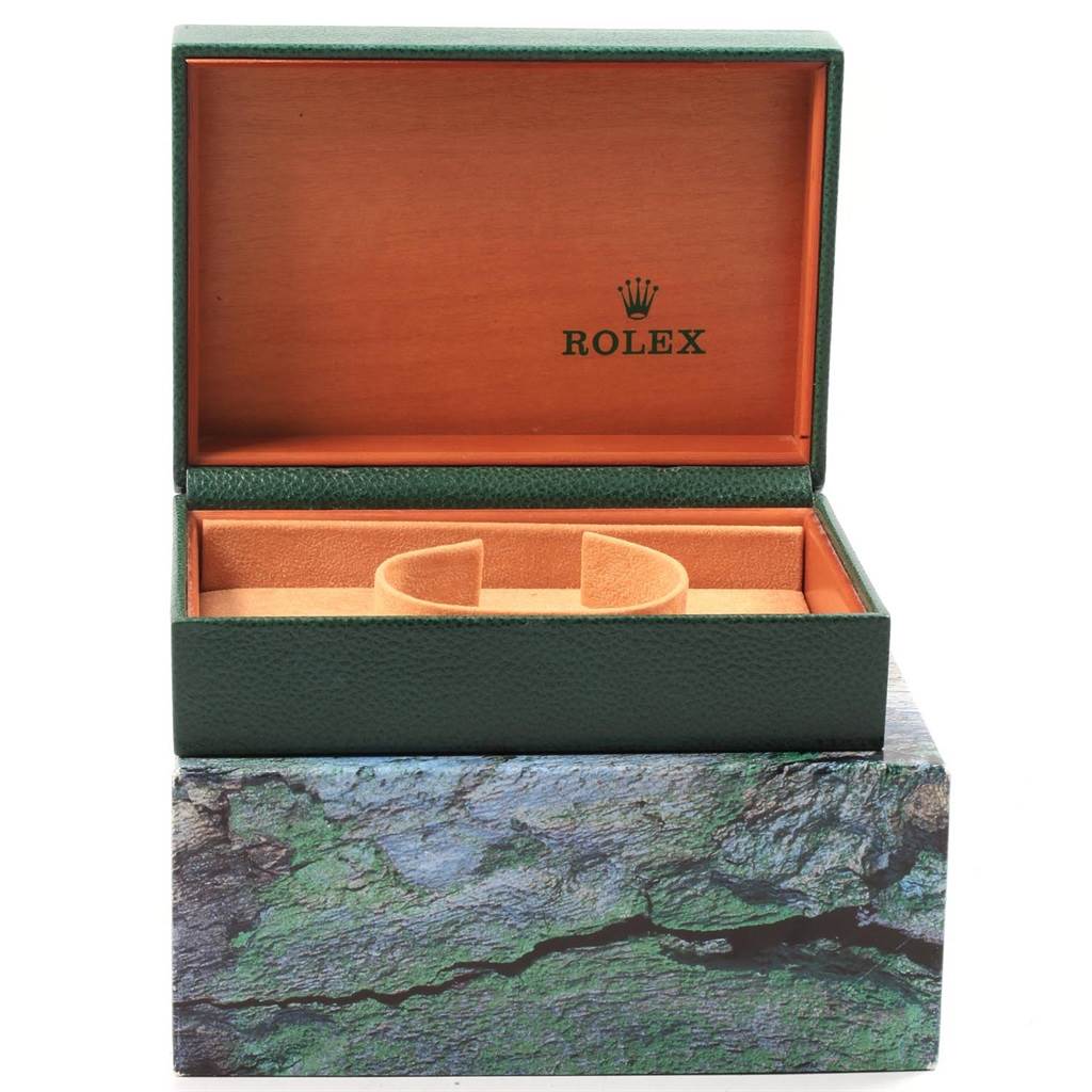 The image shows an open green and orange Rolex Yacht-Master 168622 Men's Stainless Steel Silver Dial 168622 Men's Stainless Steel Silver Dial watch box, with the outer box partially visible underneath.
