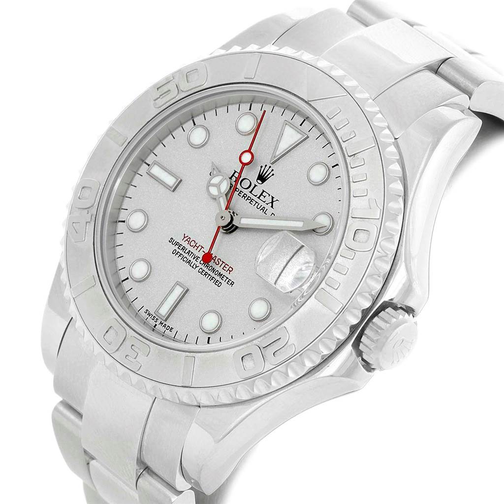 The image shows a Rolex Yacht-Master 168622 Men's Stainless Steel Silver Dial 168622 Men's Stainless Steel Silver Dial watch at an angle highlighting the face, bezel, crown, and part of the bracelet.