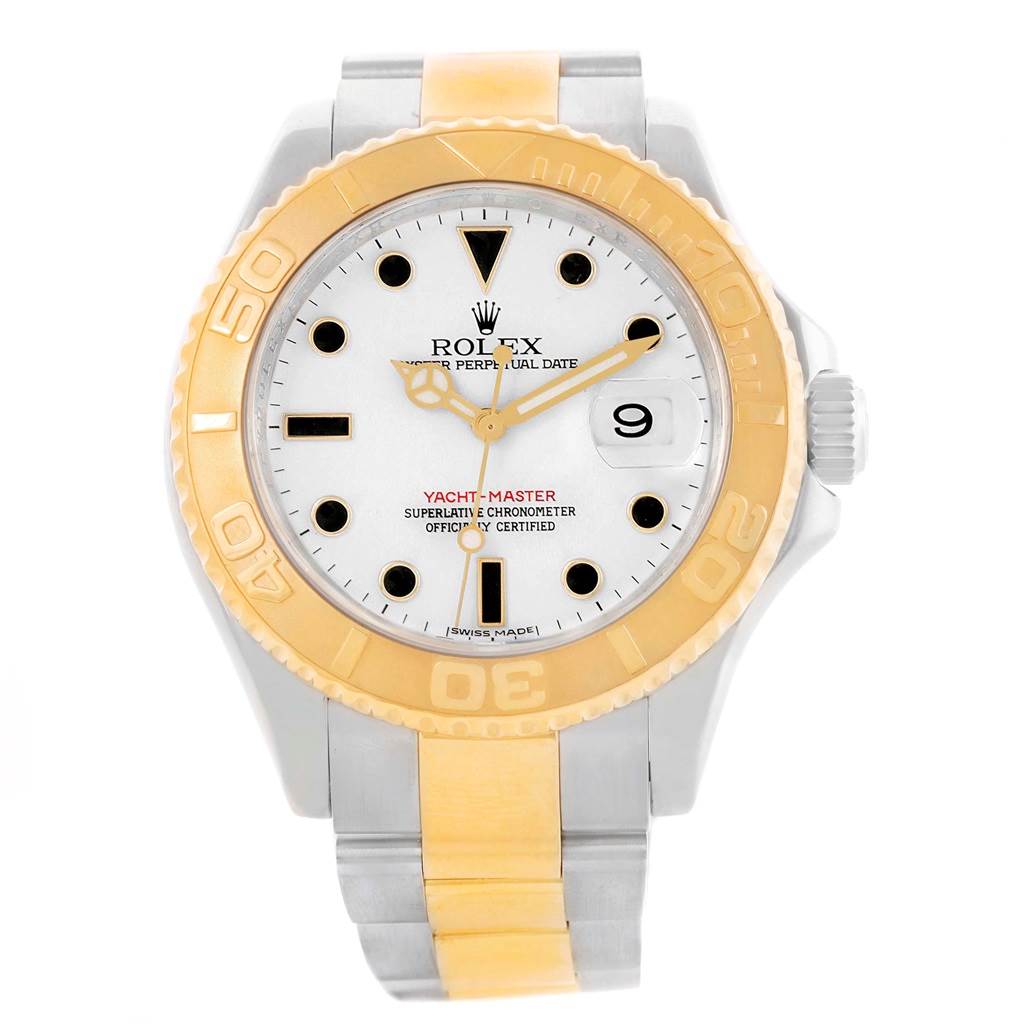 The image shows a frontal view of a Rolex Yacht-Master 16623 Men's Stainless Steel White Dial 16623 Men's Stainless Steel White Dial watch featuring a gold bezel and a two-tone metal band.