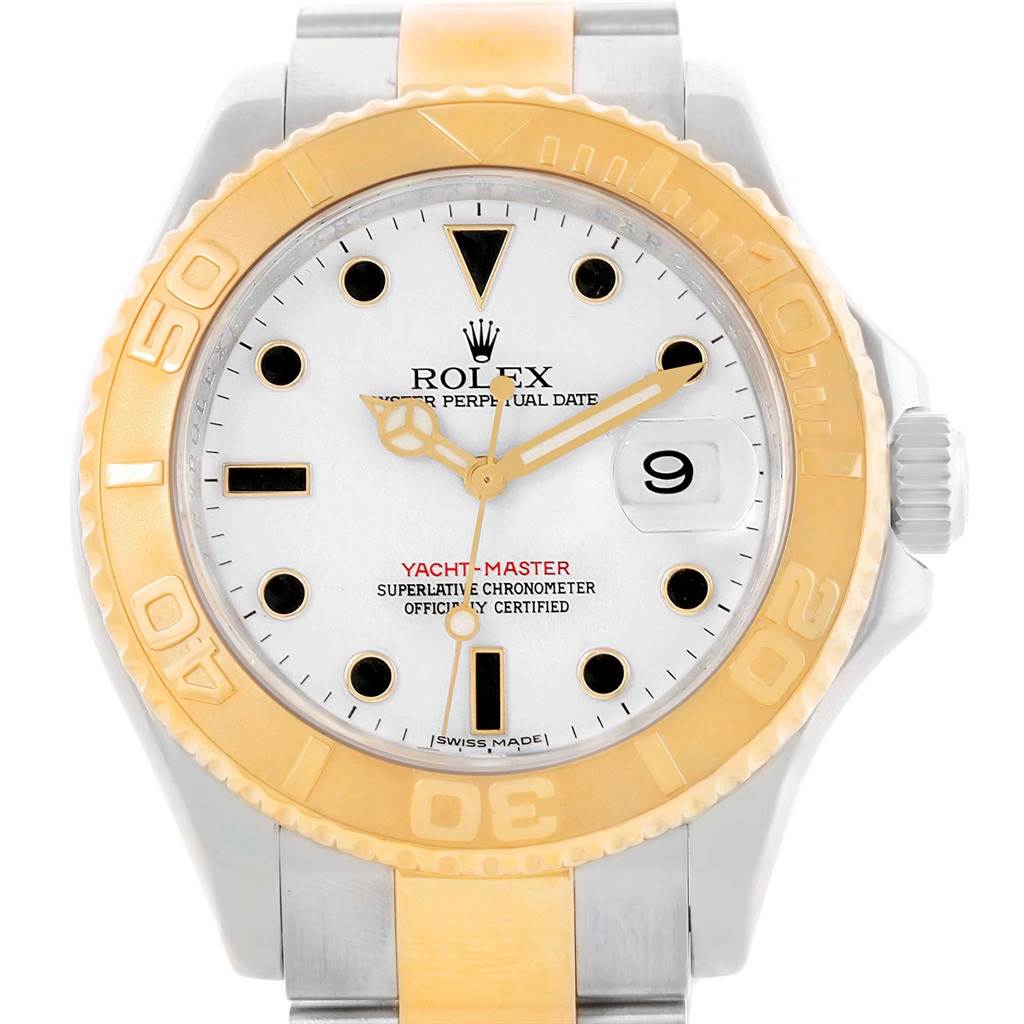 The image shows a front view of a Rolex Yacht-Master 16623 Men's Stainless Steel White Dial 16623 Men's Stainless Steel White Dial watch, detailing the bezel, dial, crown, and bracelet.