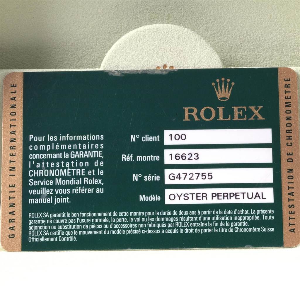 The image shows a warranty card for the Rolex Yacht-Master 16623 Men's Stainless Steel White Dial 16623 Men's Stainless Steel White Dial with model information, not the watch itself.