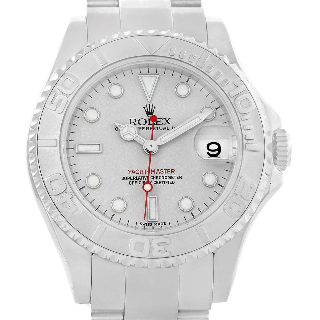 The image shows a frontal view of a Rolex Yacht-Master 168622 Men's Stainless Steel Silver Dial 168622 Men's Stainless Steel Silver Dial watch highlighting its dial, bezel, case, and bracelet.