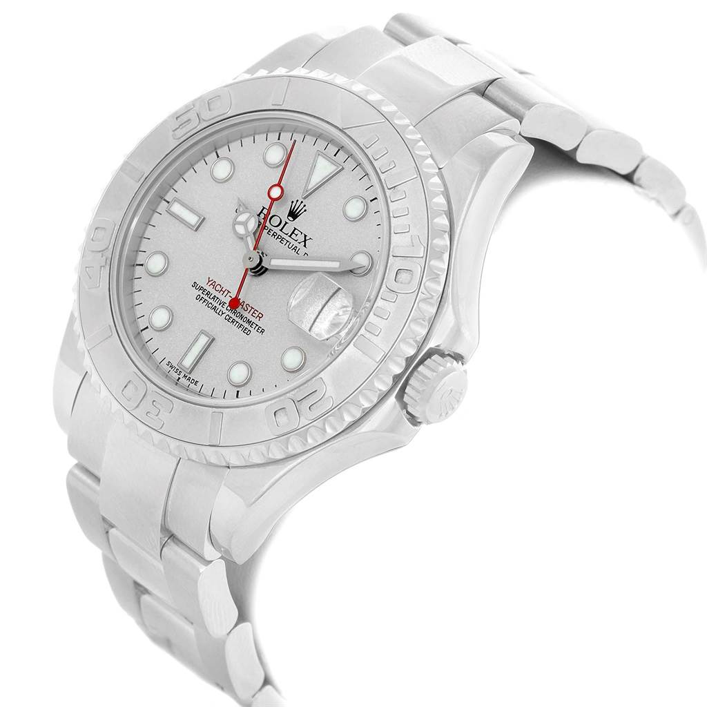 The Rolex Yacht-Master 168622 Men's Stainless Steel Silver Dial 168622 Men's Stainless Steel Silver Dial watch is shown at a three-quarter angle, highlighting its face, bezel, crown, and part of the bracelet.