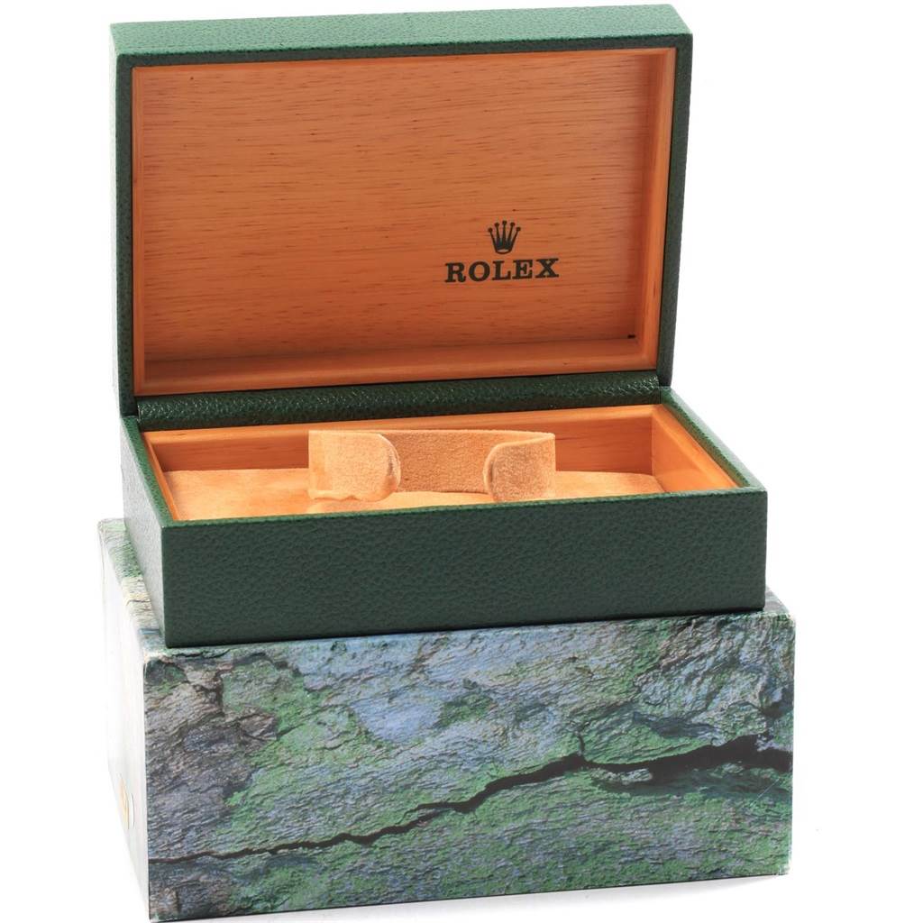 The image shows an open Rolex Yacht-Master 168623 Men's Steel and Gold (two tone) Blue Dial 168623 Men's Steel and Gold (two tone) Blue Dial watch box from a front angle, highlighting its interior and exterior design.