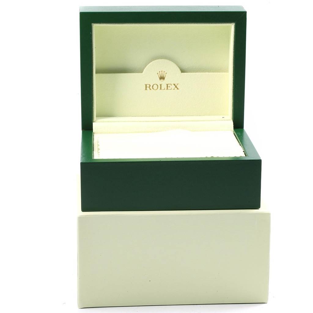 The image shows an opened Rolex Yacht-Master 16623 Men's Stainless Steel White Dial 16623 Men's Stainless Steel White Dial watch box from a front angle.