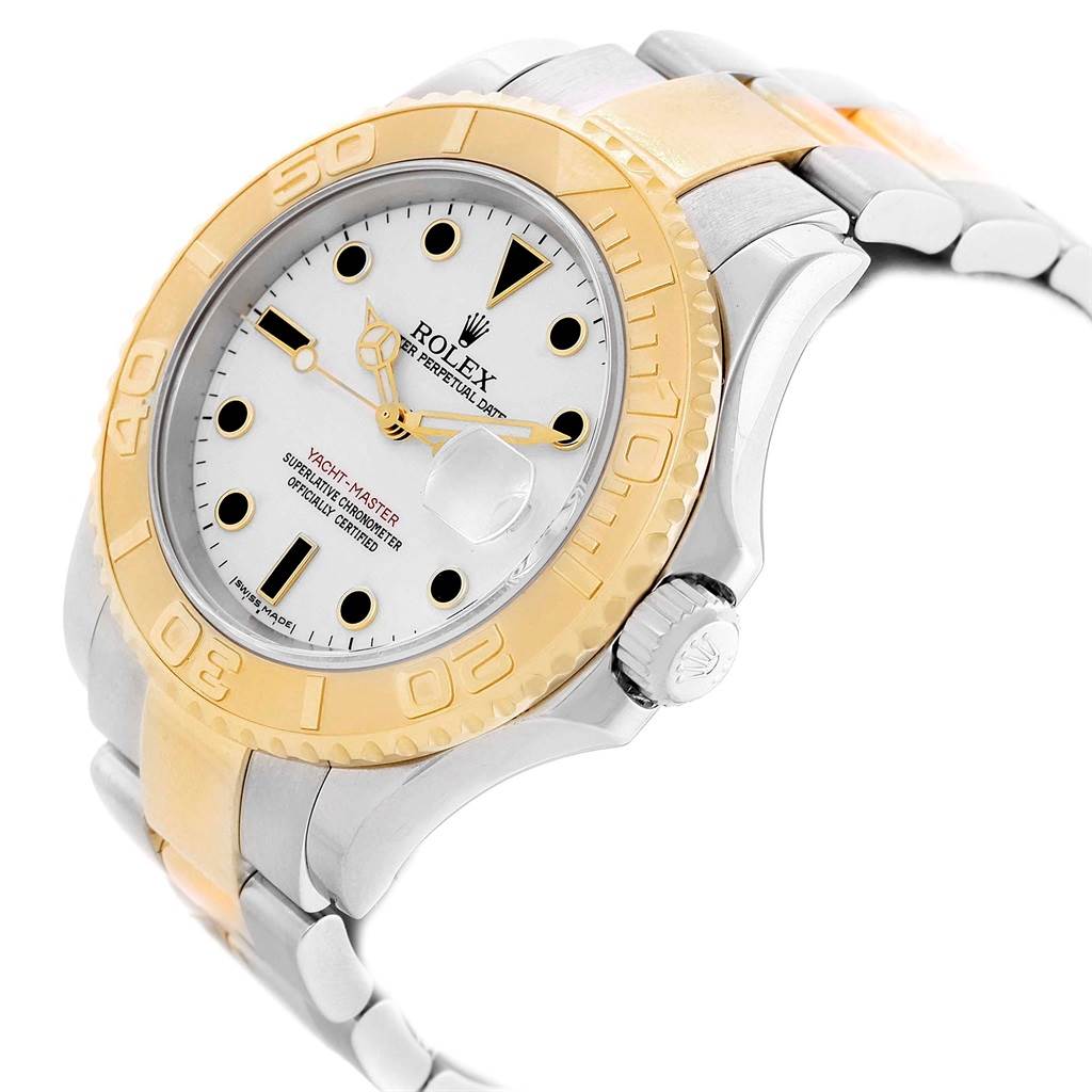 The Rolex Yacht-Master 16623 Men's Stainless Steel White Dial 16623 Men's Stainless Steel White Dial watch is shown at an angle displaying its face, bezel, crown, and part of the bracelet.