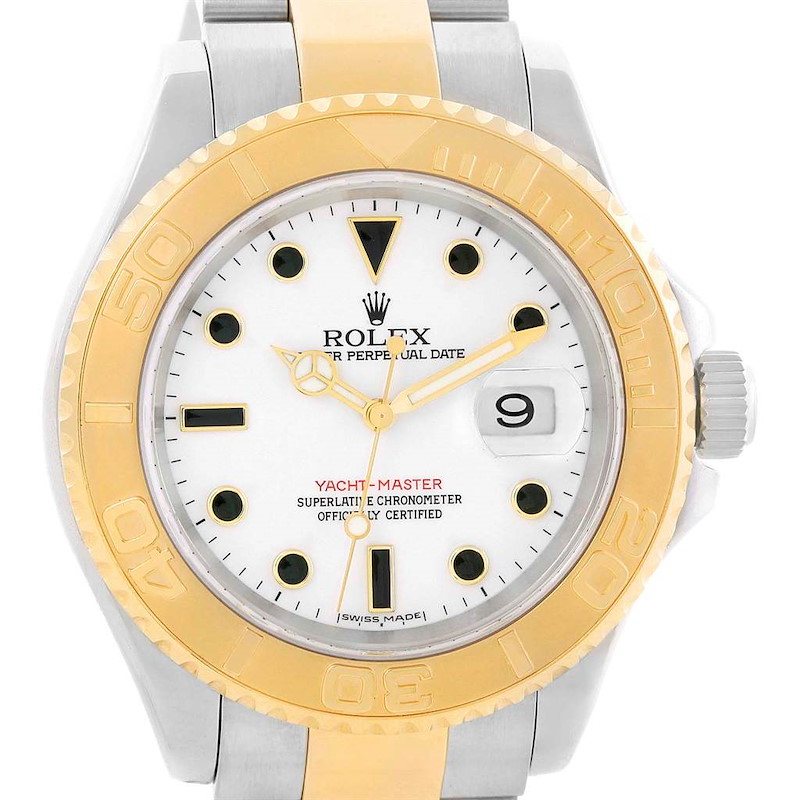 This Rolex Yacht-Master watch is shown from the front, displaying its white dial, gold bezel, and two-tone bracelet.