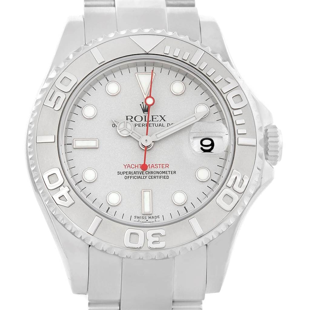 The image shows a frontal view of the Rolex Yacht-Master 168622 Men's Stainless Steel Silver Dial 168622 Men's Stainless Steel Silver Dial watch, highlighting its dial, bezel, and bracelet.