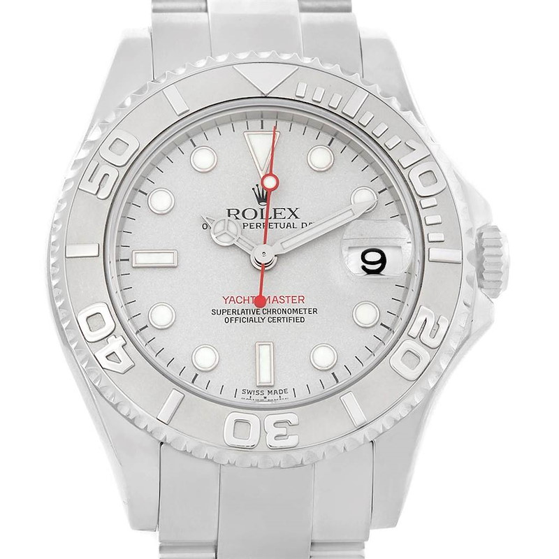 Rolex Yachtmaster 35 Midsize Steel Platinum Dial Bezel Mens Watch 168622 SwissWatchExpo