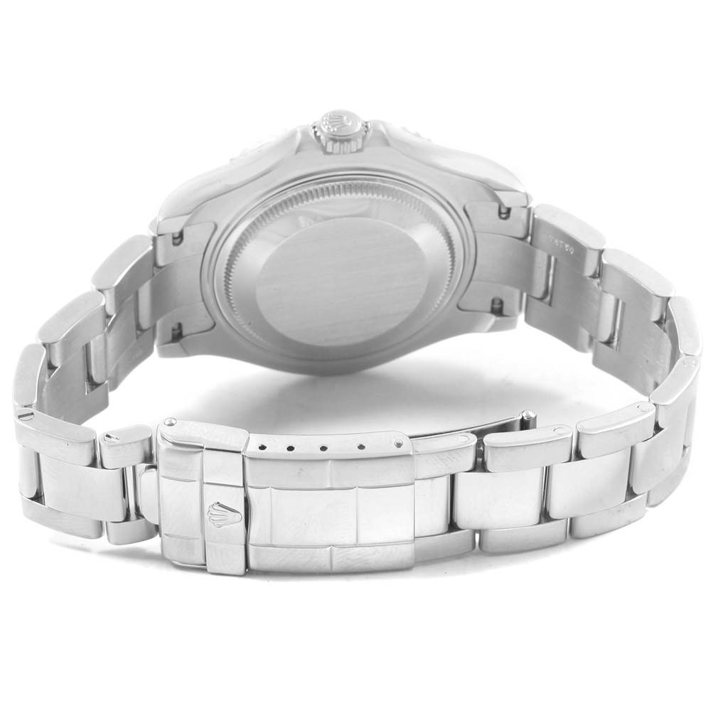 The image shows the back view of the Rolex Yacht-Master 168622 Men's Stainless Steel Silver Dial 168622 Men's Stainless Steel Silver Dial watch, highlighting its case back and metal bracelet with the clasp.