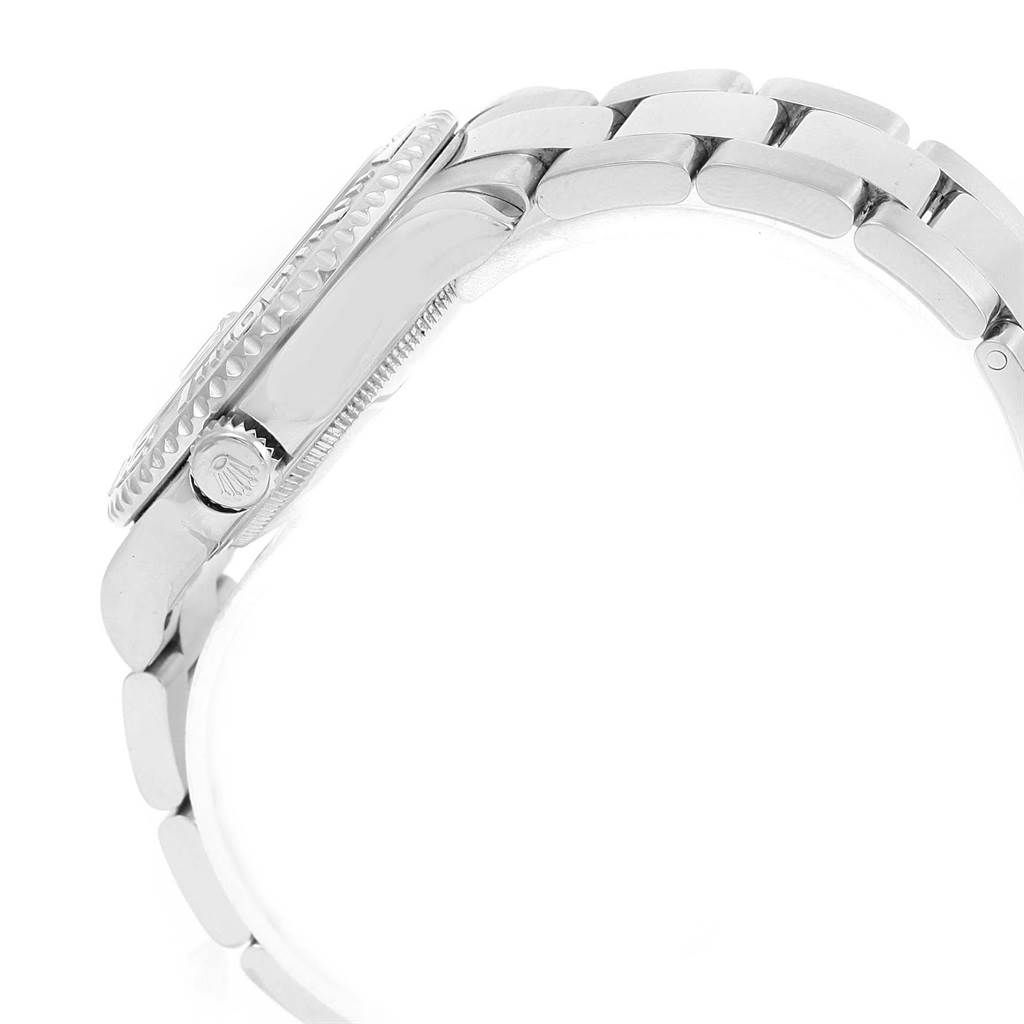 Side view of a Rolex Yacht-Master 168622 Men's Stainless Steel Silver Dial 168622 Men's Stainless Steel Silver Dial watch showing the crown, case, and part of the bracelet.