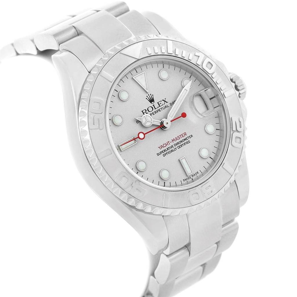 The image shows a side angle of the Rolex Yacht-Master 168622 Men's Stainless Steel Silver Dial 168622 Men's Stainless Steel Silver Dial watch, highlighting the dial, bezel, and part of the bracelet.