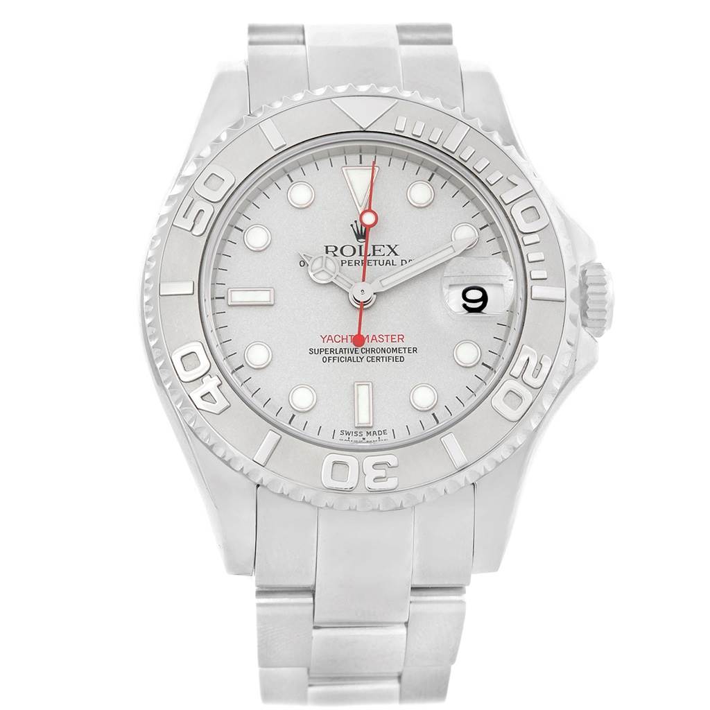 This Rolex Yacht-Master 168622 Men's Stainless Steel Silver Dial 168622 Men's Stainless Steel Silver Dial watch is shown from the front view, highlighting the dial, bezel, and bracelet.