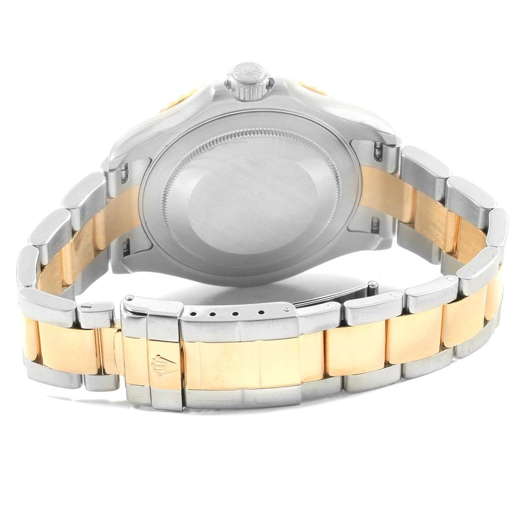 The image shows a rear view of the Rolex Yacht-Master 16623 Men's Stainless Steel White Dial 16623 Men's Stainless Steel White Dial watch, focusing on the case back and two-tone bracelet.