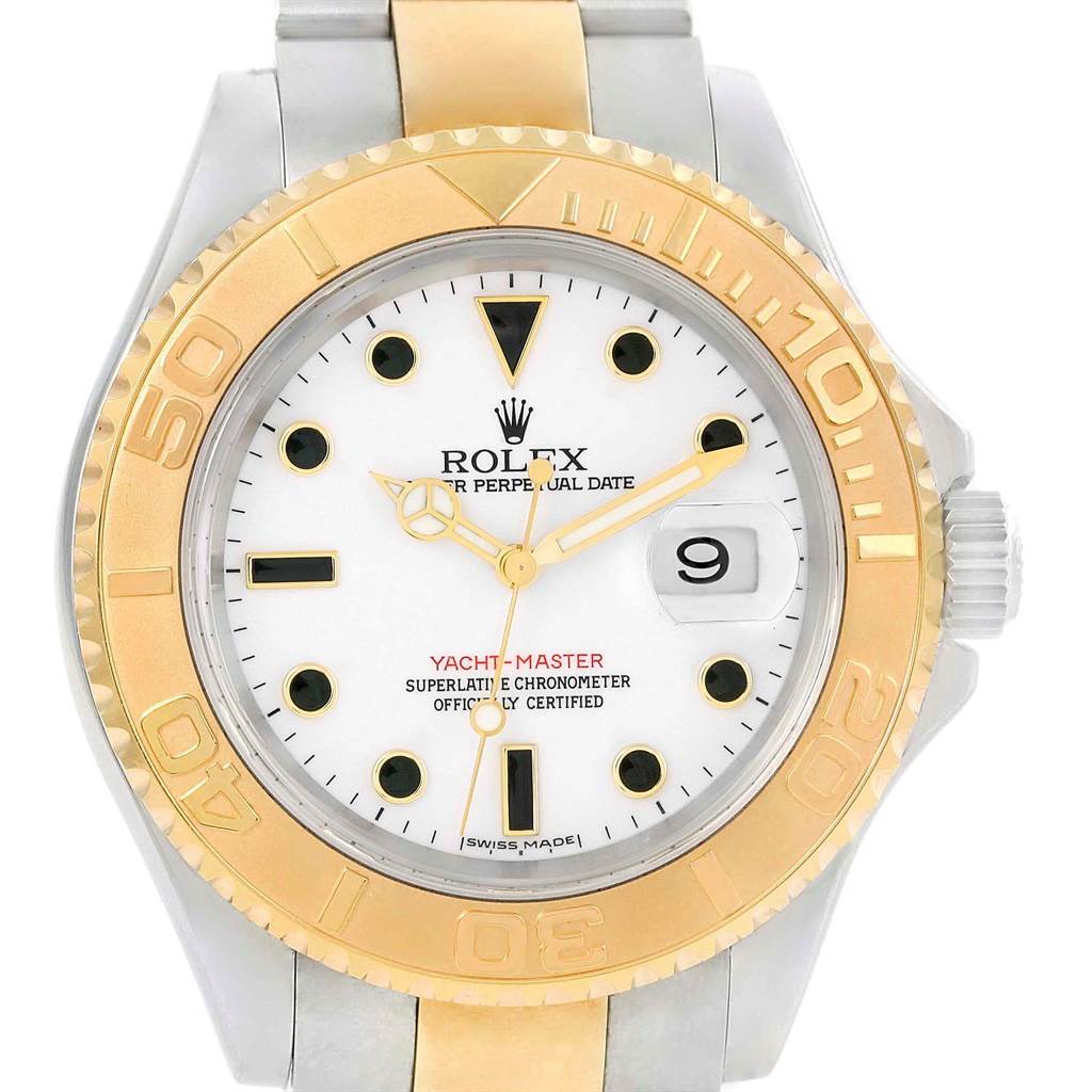 This image shows a front view of the Rolex Yacht-Master 16623 Men's Stainless Steel White Dial 16623 Men's Stainless Steel White Dial watch, detailing the dial, bezel, and part of the bracelet.