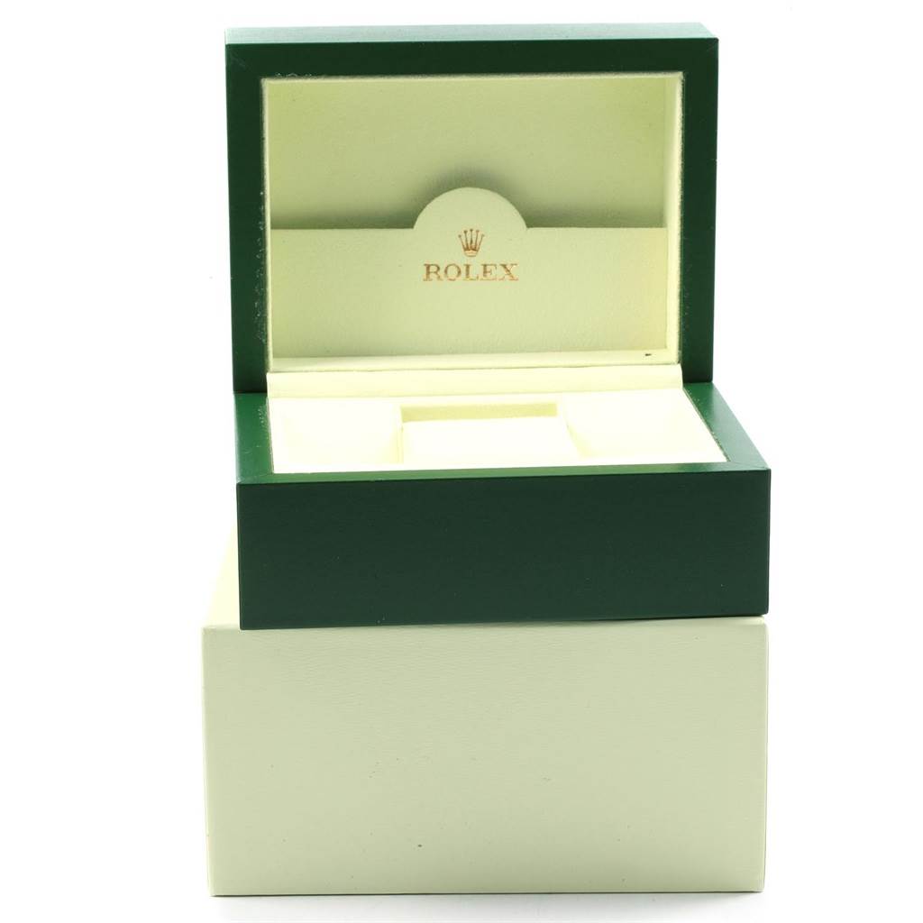 This is an open Rolex Yacht-Master 16623 Men's Stainless Steel White Dial 16623 Men's Stainless Steel White Dial watch box shown from the front, displaying the interior compartments and branding.