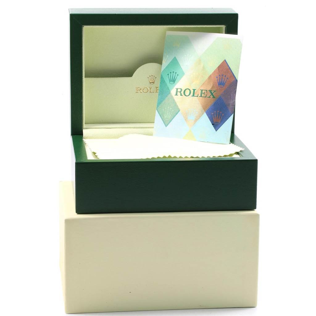 The image shows an open box of the Rolex Yacht-Master 16623 Men
s Stainless Steel White Dial 16623 Men
s Stainless Steel White Dial watch, with the inner packaging and an informational card visible.