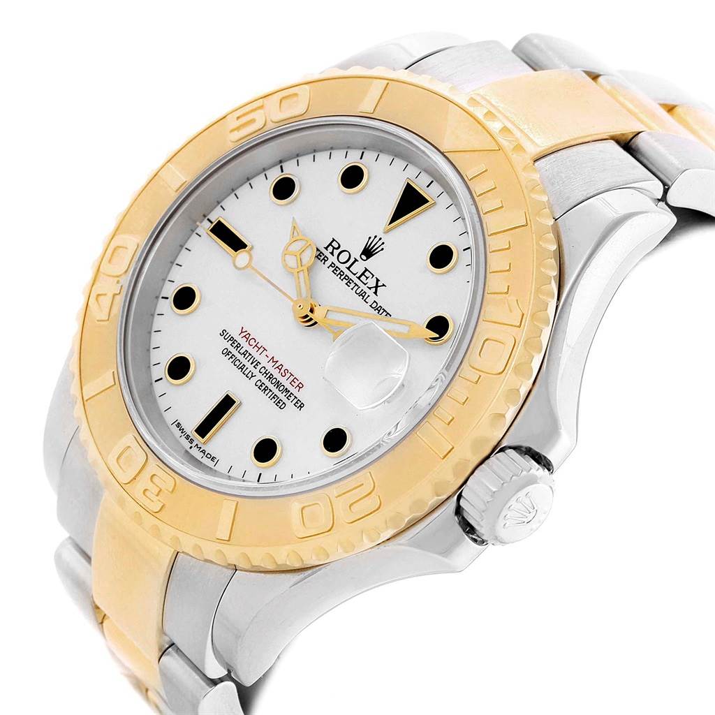 This Rolex Yacht-Master 16623 Men
s Stainless Steel White Dial 16623 Men
s Stainless Steel White Dial watch is shown from an oblique angle displaying its dial, bezel, and part of its bracelet.