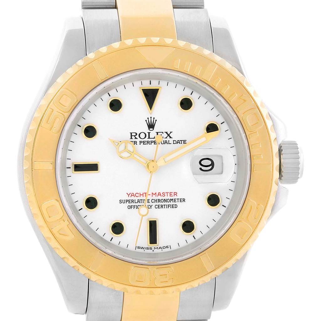 The image shows a front view of a Rolex Yacht-Master 16623 Men
s Stainless Steel White Dial 16623 Men
s Stainless Steel White Dial watch, highlighting its two-tone bezel, dial, and bracelet.