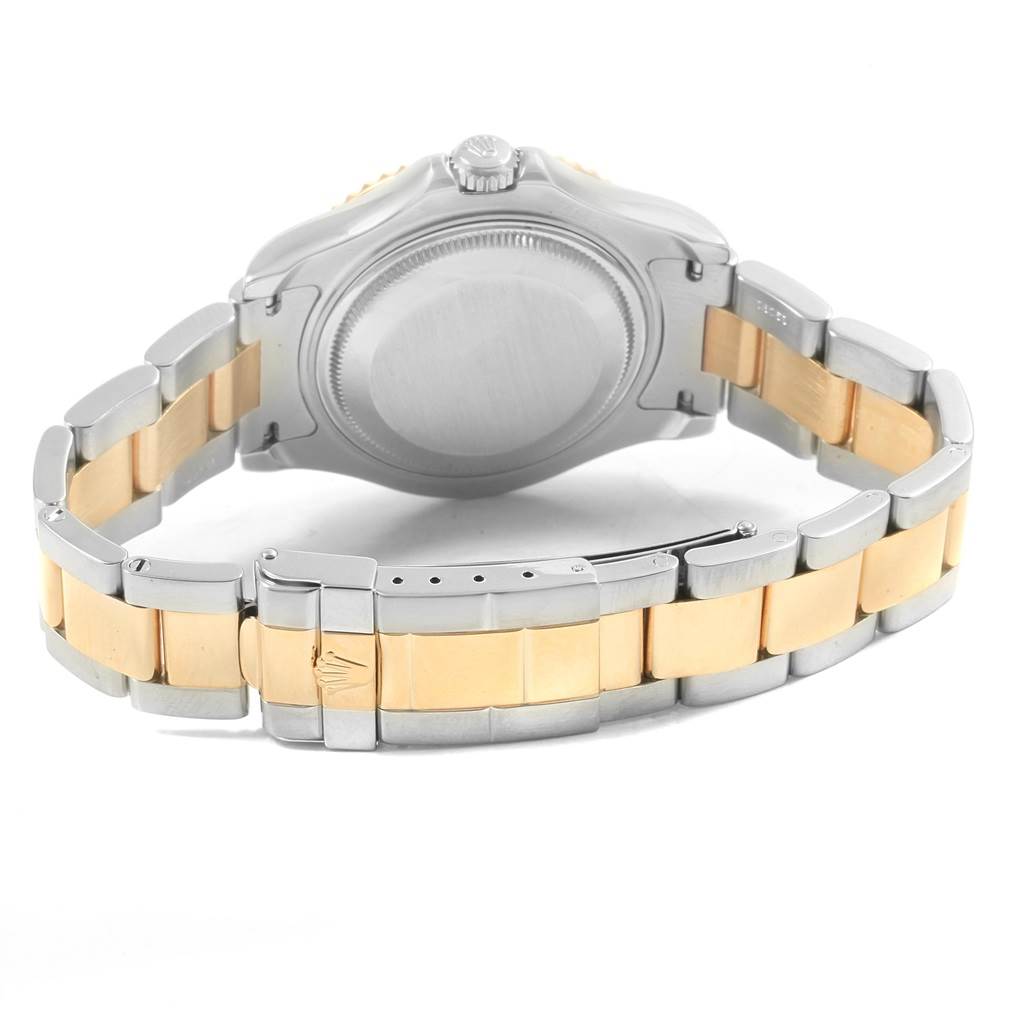 This image shows the backside and the bracelet of a Rolex Yacht-Master 68623 Men's Steel and Gold (two tone) White Dial 68623 Men's Steel and Gold (two tone) White Dial watch, highlighting its clasp and crown.