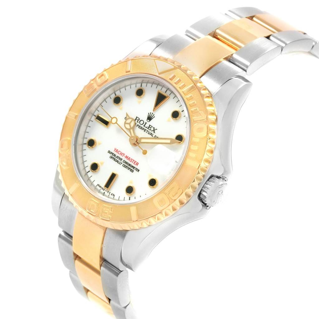 The Rolex Yacht-Master 68623 Men's Steel and Gold (two tone) White Dial 68623 Men's Steel and Gold (two tone) White Dial watch is shown at a three-quarter angle, displaying the face, bezel, crown, and part of the bracelet.