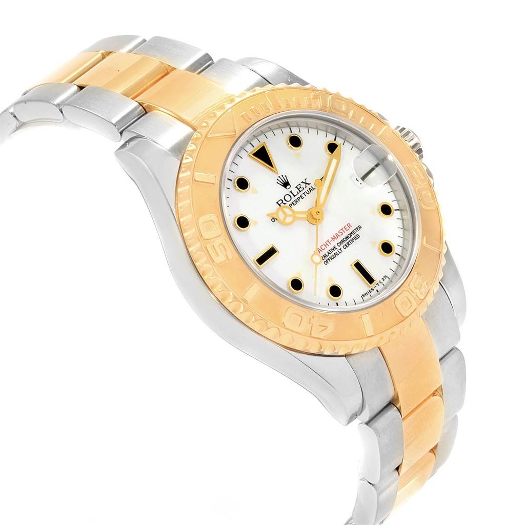 This image shows a Rolex Yacht-Master 68623 Men's Steel and Gold (two tone) White Dial 68623 Men's Steel and Gold (two tone) White Dial watch at an angle displaying the face, bezel, and two-tone metal bracelet.