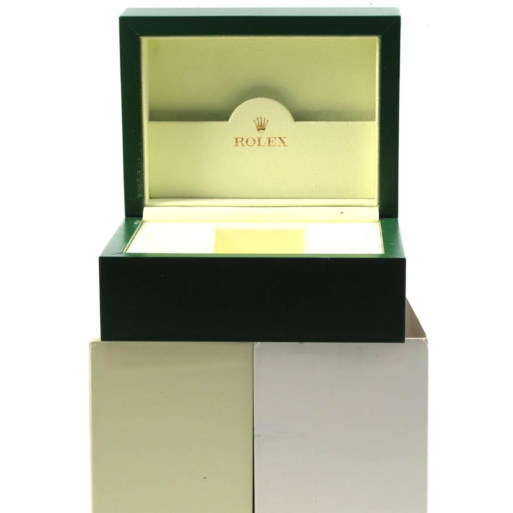 The image shows an open green and cream box for the Rolex Yacht-Master 168623 Men's Steel and Gold (two tone) Blue Dial 168623 Men's Steel and Gold (two tone) Blue Dial model, with the Rolex logo inside the lid.