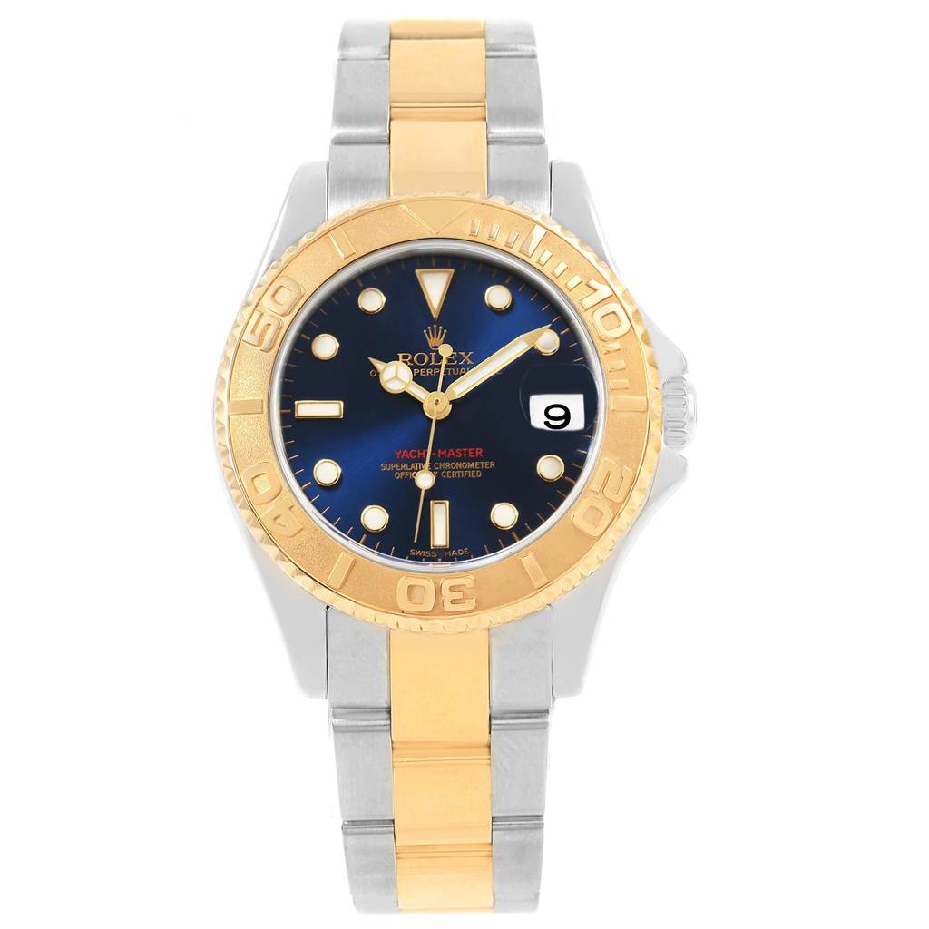 The image shows a front view of a Rolex Yacht-Master 168623 Men's Steel and Gold (two tone) Blue Dial 168623 Men's Steel and Gold (two tone) Blue Dial watch, displaying its dial, bezel, and bracelet.
