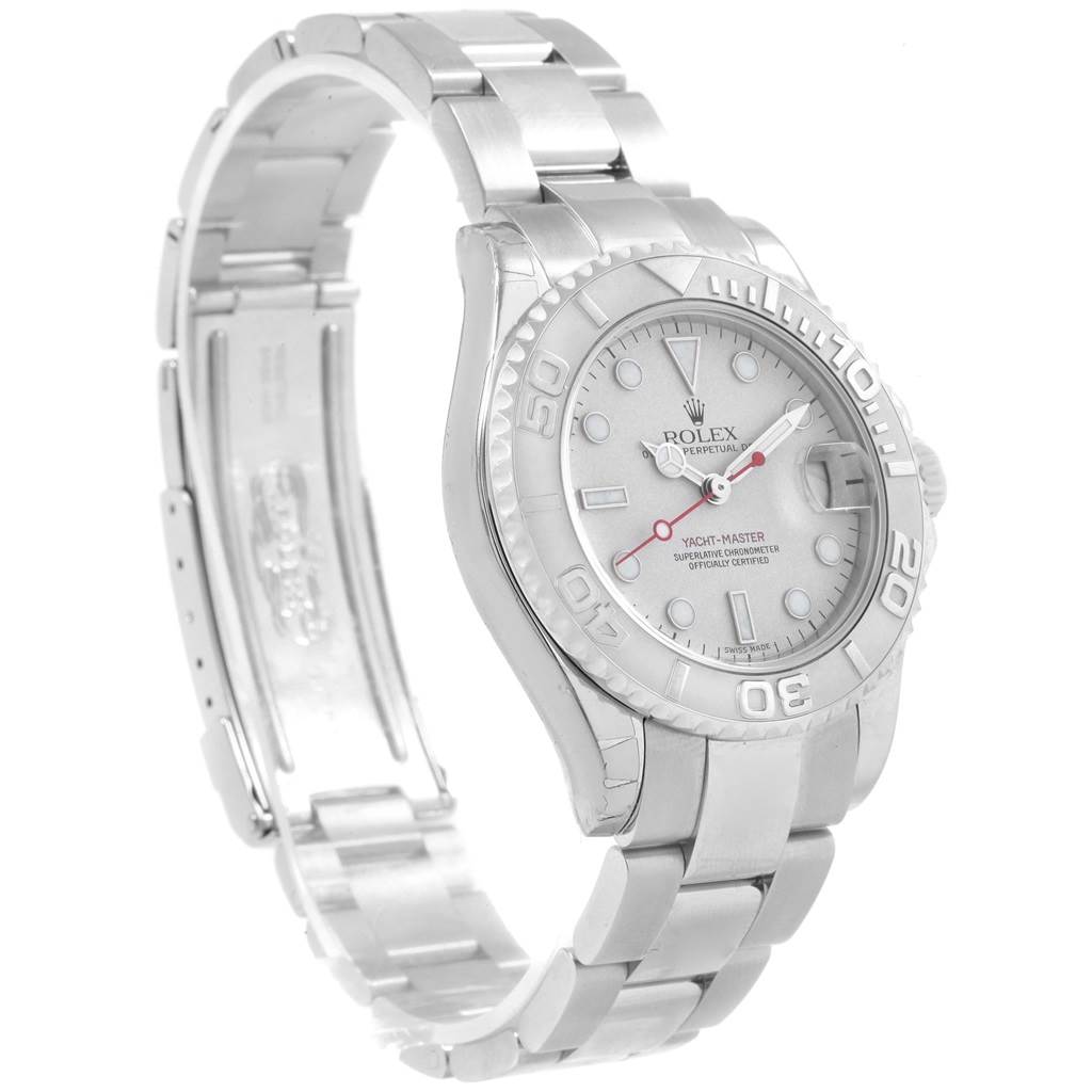 The image shows a side-angle view of a Rolex Yacht-Master 168622 Men's Stainless Steel Silver Dial 168622 Men's Stainless Steel Silver Dial watch, displaying its full bracelet and dial.