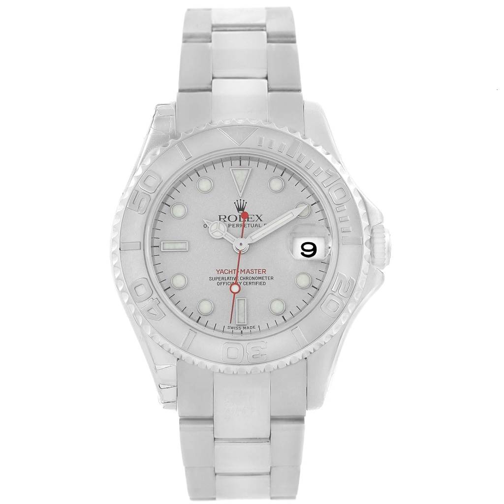 This image shows a frontal view of a Rolex Yacht-Master 168622 Men's Stainless Steel Silver Dial 168622 Men's Stainless Steel Silver Dial watch, highlighting its dial, bezel, and bracelet.