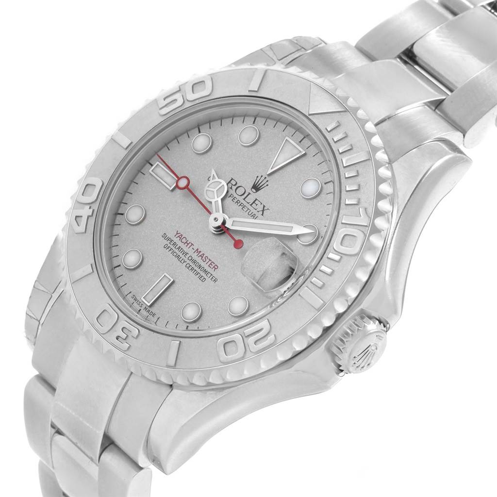 The image shows a close-up of a Rolex Yacht-Master 168622 Men's Stainless Steel Silver Dial 168622 Men's Stainless Steel Silver Dial watch, highlighting its bezel, dial, crown, and part of the bracelet.