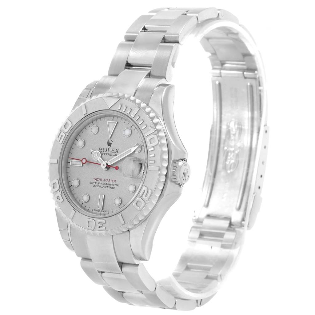 The image shows a front and side angle of the Rolex Yacht-Master 168622 Men's Stainless Steel Silver Dial 168622 Men's Stainless Steel Silver Dial watch, highlighting its dial, bezel, and bracelet.