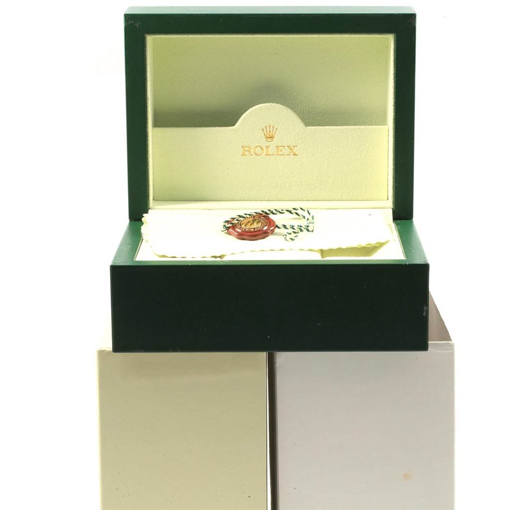 The image shows an open Rolex Yacht-Master 168622 Men's Stainless Steel Silver Dial 168622 Men's Stainless Steel Silver Dial watch box including the brand logo and tag, viewed from the front.