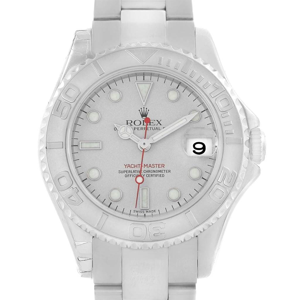 This image shows a frontal view of a Rolex Yacht-Master 168622 Men's Stainless Steel Silver Dial 168622 Men's Stainless Steel Silver Dial watch, showcasing its bezel, dial, hands, and bracelet.