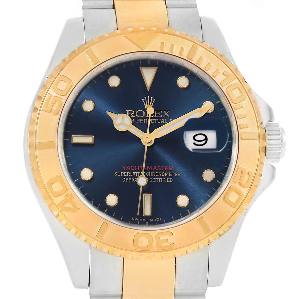 The Rolex Yacht-Master 16623 Men's Stainless Steel Blue Dial 16623 Men's Stainless Steel Blue Dial watch is shown from a front angle, displaying its dial, bezel, and part of the bracelet.