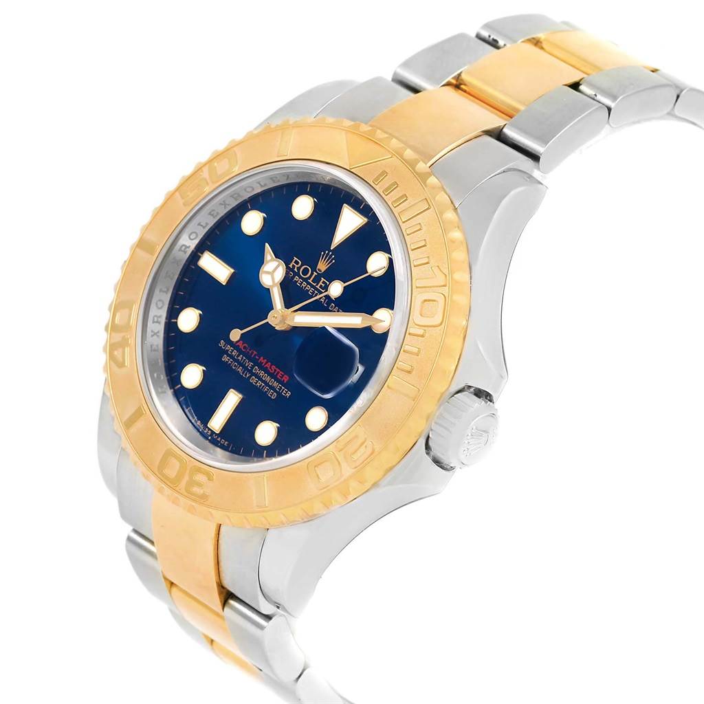 This Rolex Yacht-Master 16623 Men's Stainless Steel Blue Dial 16623 Men's Stainless Steel Blue Dial watch is shown from a top angle, highlighting the bezel, dial, and part of the bracelet.