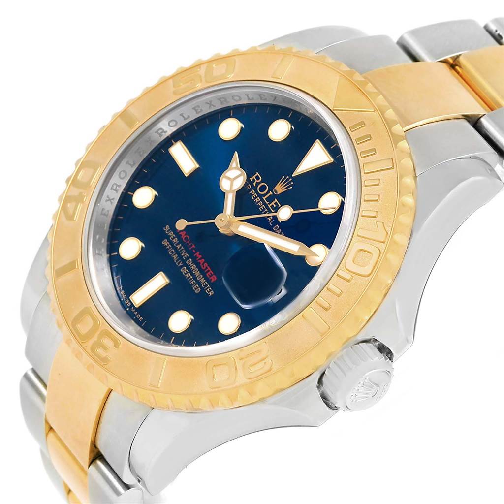 The image shows a close-up of the Rolex Yacht-Master 16623 Men's Stainless Steel Blue Dial 16623 Men's Stainless Steel Blue Dial watch, highlighting the bezel, dial, and part of the bracelet.