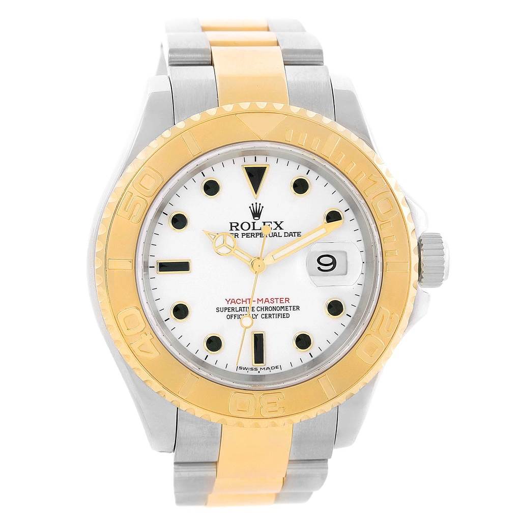 This image shows a front view of a Rolex Yacht-Master 16623 Men
s Stainless Steel White Dial 16623 Men
s Stainless Steel White Dial watch, highlighting the dial, bezel, and part of the bracelet.