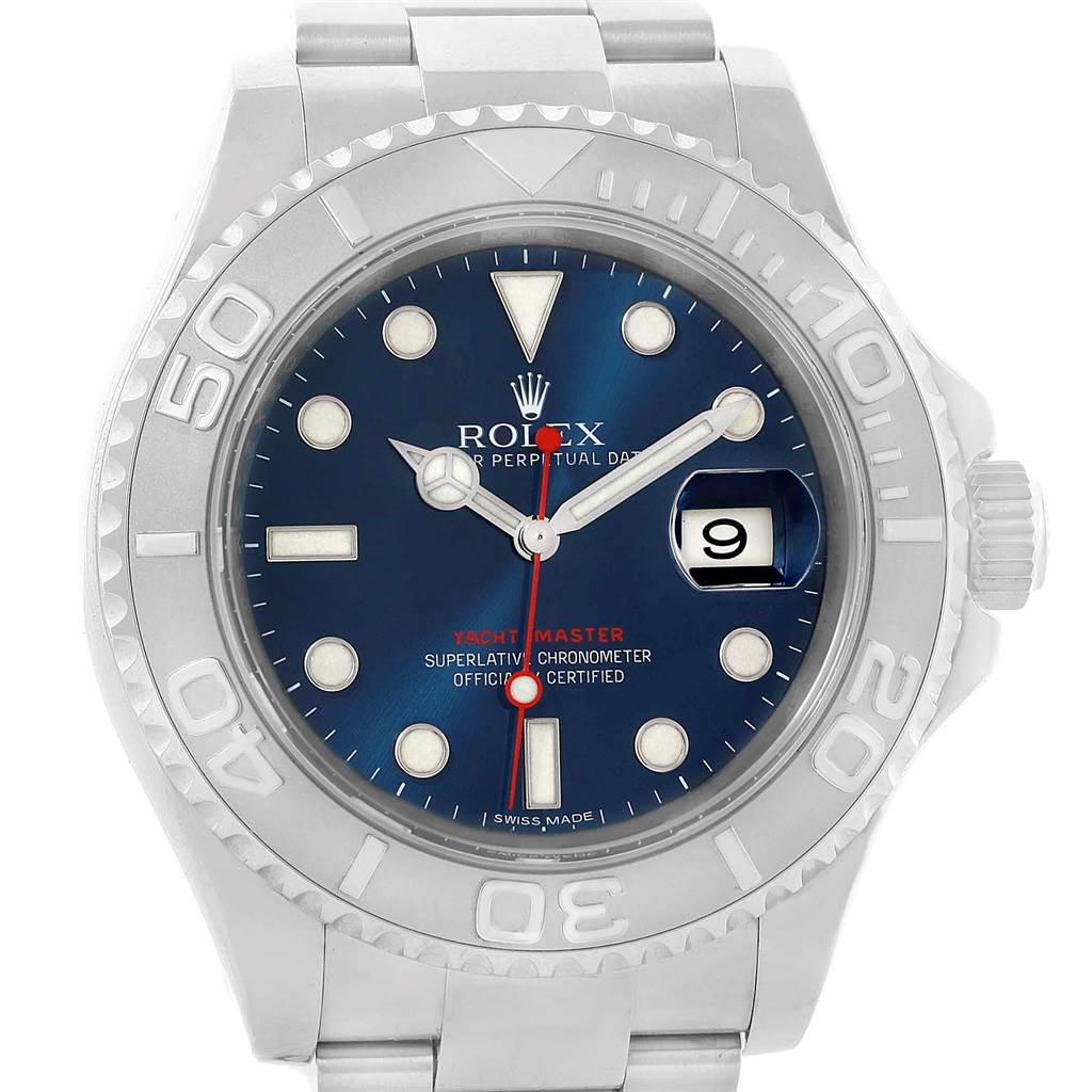 The Rolex Yacht-Master 116622 Men's Stainless Steel Blue Dial 116622 Men's Stainless Steel Blue Dial watch is shown from a front angle, highlighting the dial, bezel, and bracelet.