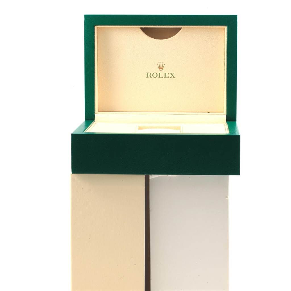 The image shows an open Rolex Yacht-Master 116622 Men's Stainless Steel Blue Dial 116622 Men's Stainless Steel Blue Dial watch box viewed from the front, displaying its interior.