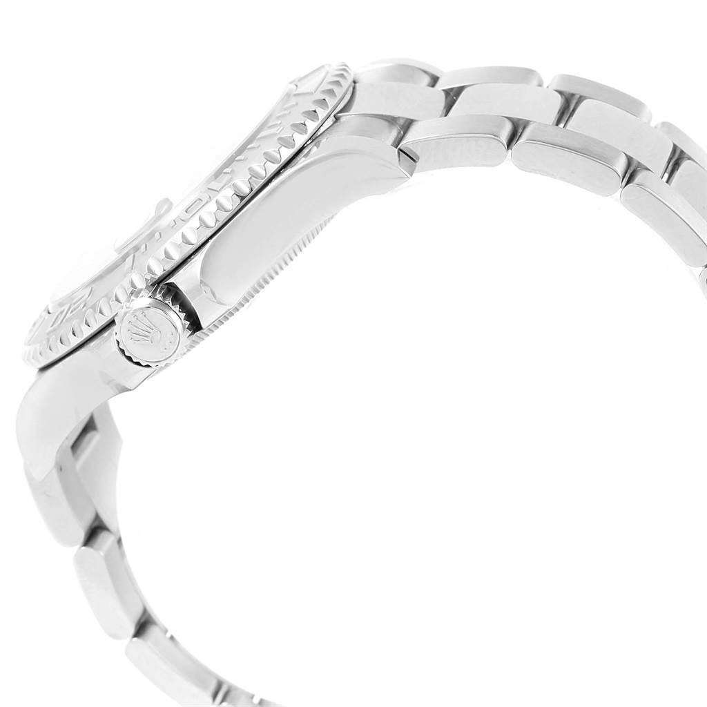 This image shows a side view of the Rolex Yacht-Master 116622 Men's Stainless Steel Blue Dial 116622 Men's Stainless Steel Blue Dial watch, highlighting the crown, bezel, and part of the bracelet.