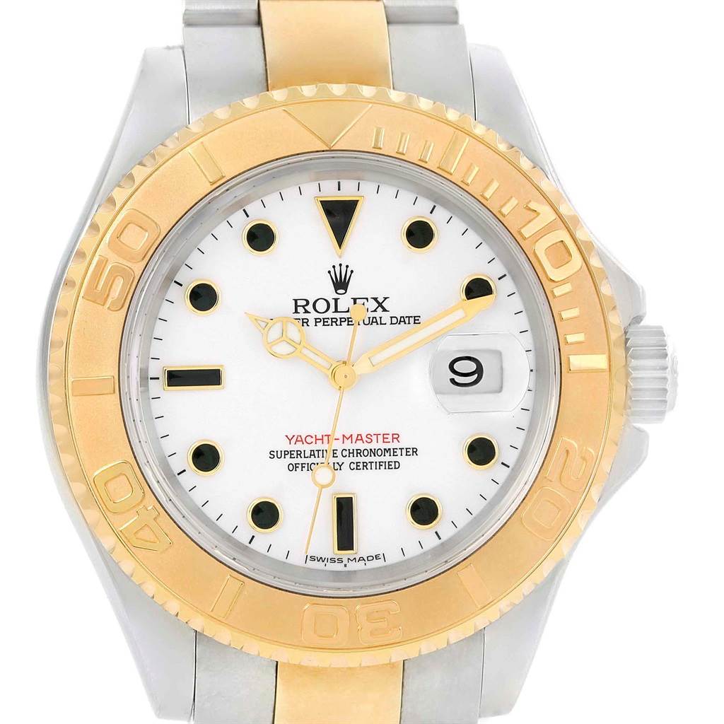 This Rolex Yacht-Master 16623 Men's Stainless Steel White Dial 16623 Men's Stainless Steel White Dial watch is shown from a front angle, highlighting its dial, bezel, and part of the bracelet.