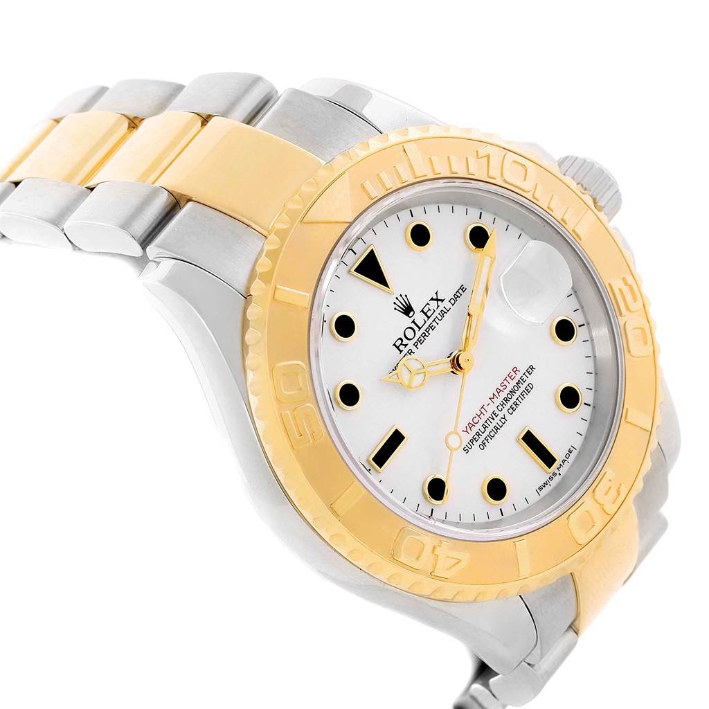 The Rolex Yacht-Master 16623 Men's Stainless Steel White Dial 16623 Men's Stainless Steel White Dial watch is shown at an angle, featuring the dial, bezel, and part of the bracelet.