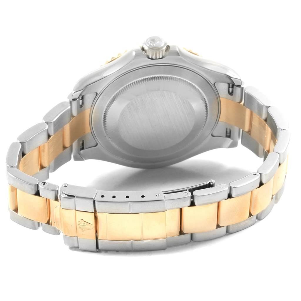 The image shows the back view of a Rolex Yacht-Master 16623 Men's Stainless Steel White Dial 16623 Men's Stainless Steel White Dial watch, highlighting its case, bracelet, and clasp.