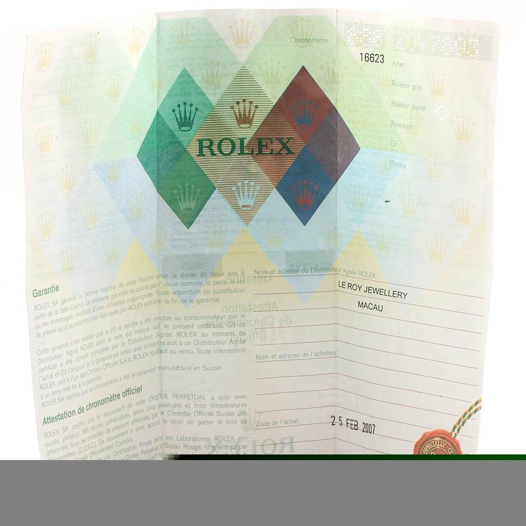 The image shows the warranty certificate for a Rolex Yacht-Master 16623 Men's Stainless Steel White Dial 16623 Men's Stainless Steel White Dial watch.