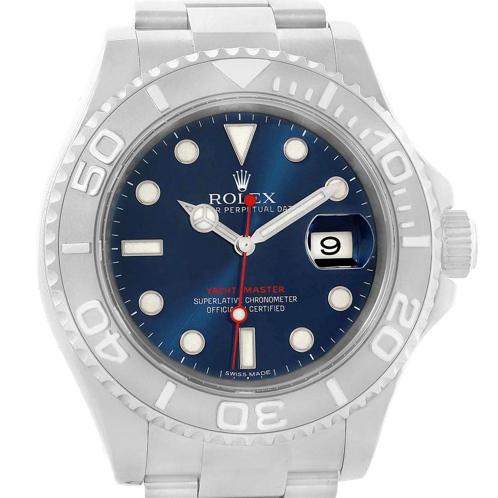 This image shows a frontal view of a Rolex Yacht-Master 116622 Men's Stainless Steel Blue Dial 116622 Men's Stainless Steel Blue Dial watch, highlighting its blue dial, date window, and bezel.